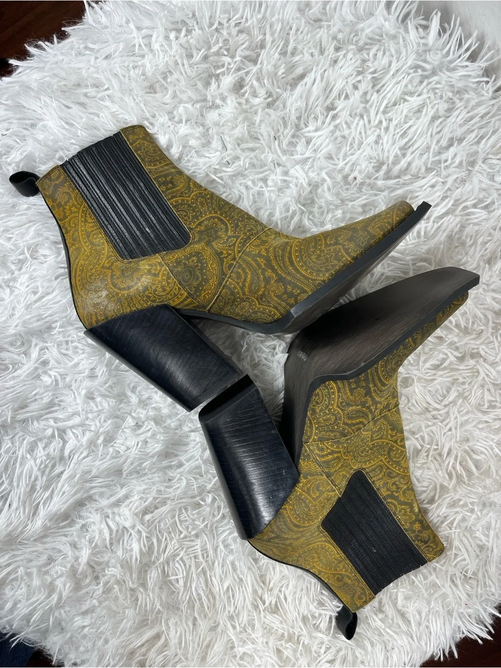 John Fluevog Yellow Paisley Diana Chelsea Booties with Black Trim - Picture 5 of 11
